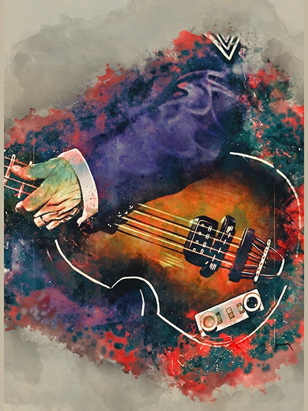 digital portrait painting of an electric bass guitar with hand, guitar paintings