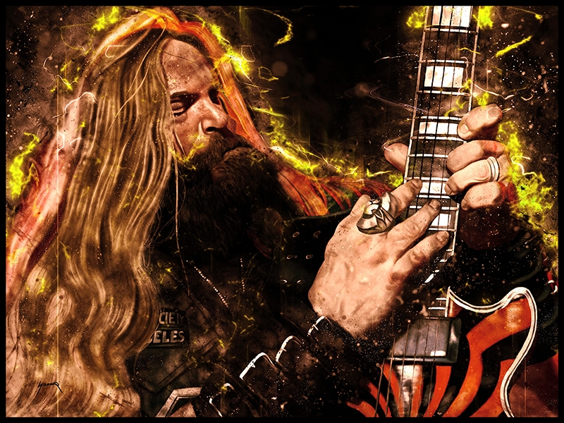 downloadable caricature art of a heavy metal guitarist with his electric guitar as an example of caricature digital painting skills