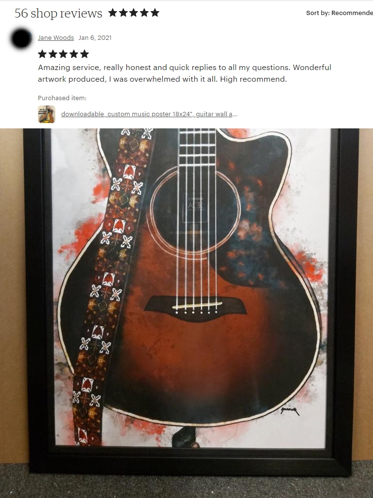 custom digital portrait painting of an acoustic guitar with review