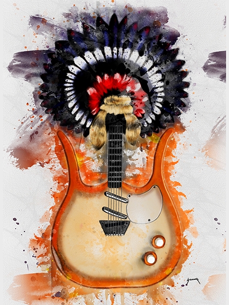 digital portrait painting of an electric guitar with an indian hat and colorful background, guitar paintings