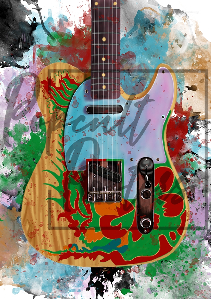digital portrait painting of an electric guitar with colorful background